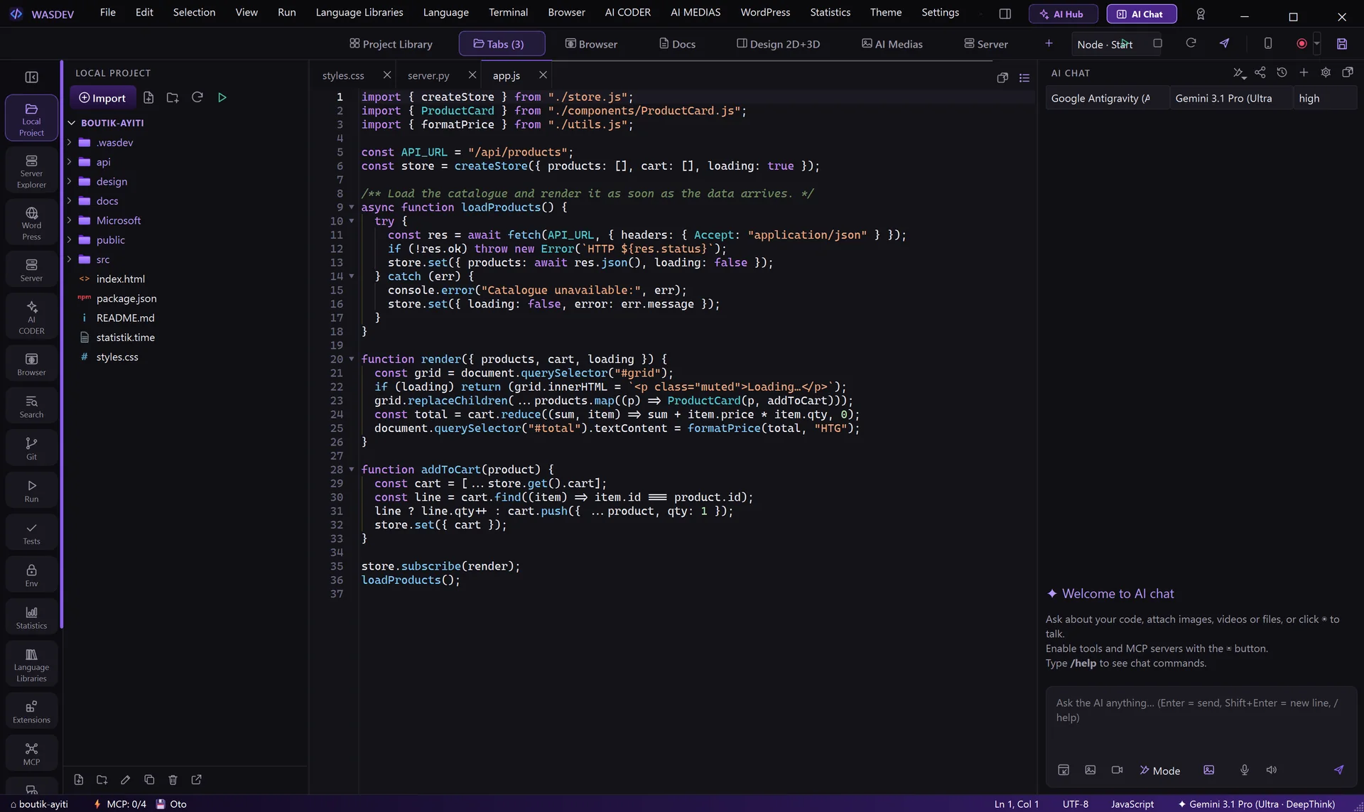 Code editor with the AI chat panel on the right