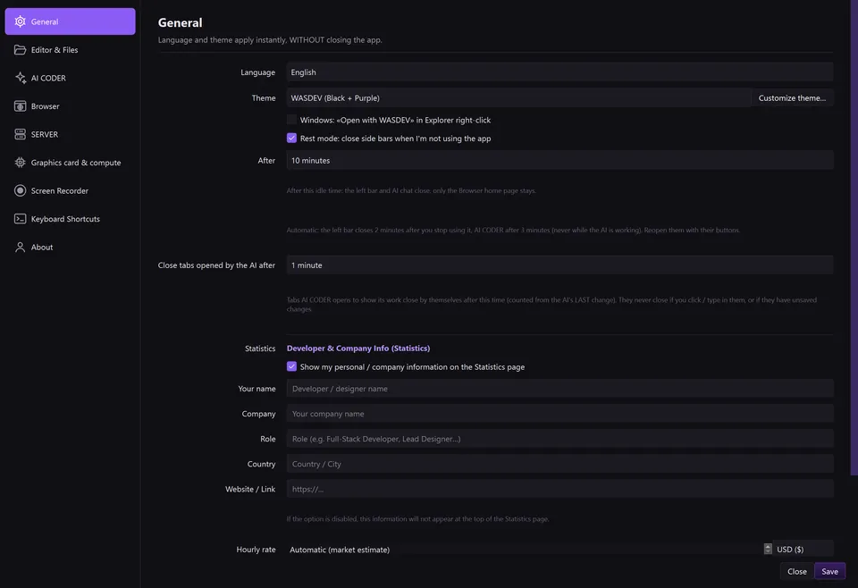 Settings window