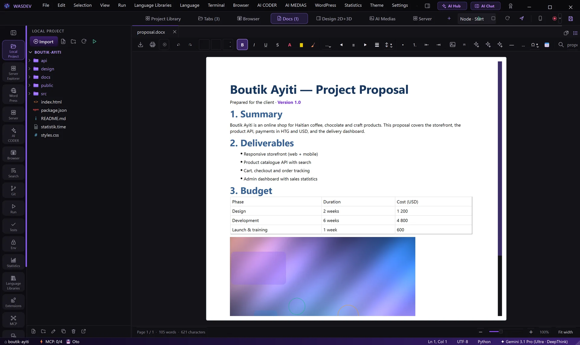 Word document editor showing a project proposal with headings, a table and an image